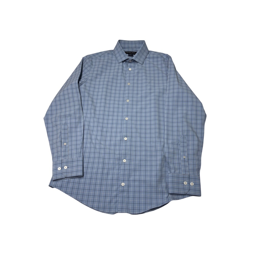 Mizzen+Main Leeward Trim Fit Dress Shirt Blue Windowpane Check Mens Medium